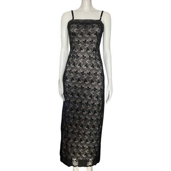 Vintage 90s Black Lace Whimsigoth Long Formal Prom Dress XS Fairy Grunge Gothic